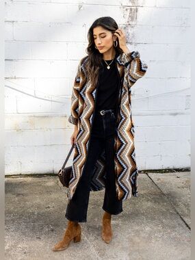 Astrid Patterned Zigzag Knit Duster Coatigan in Brown & Blue